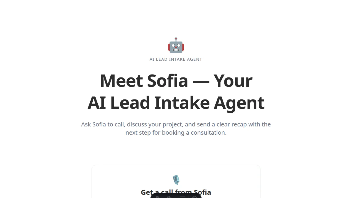 Sofia AI voice agent lead-intake experience on the Constant Labs website